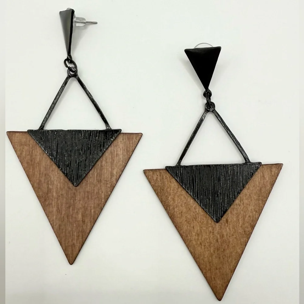 Geometric Wood & Black Triangle Drop Earrings – Boho Statement